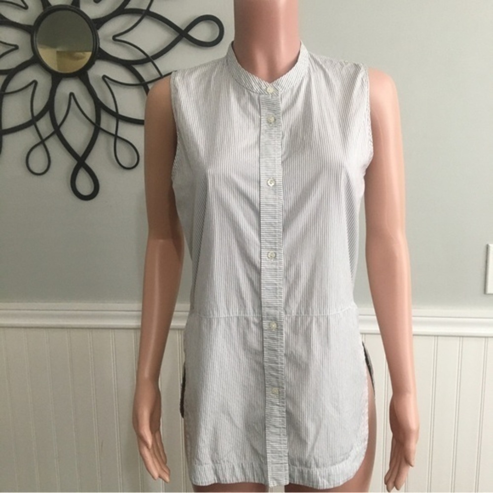 Vince Tunic Top Sleeveless Button Down Blue Pinstripe Side Slits Size Medium